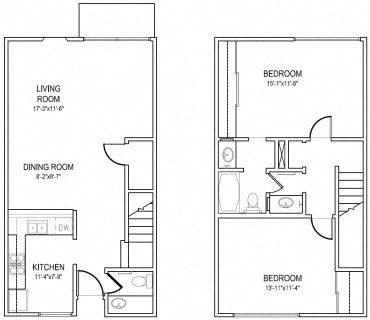 Floor plan for 2 beds, 1.5 baths, 1175 sqft